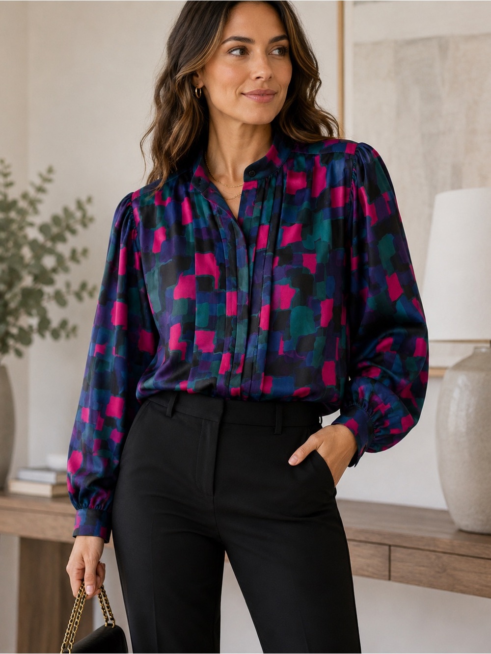 Vintage Jonathan Martin 100% Silk Geometric Print Blouse M Jewel Tone Pleated